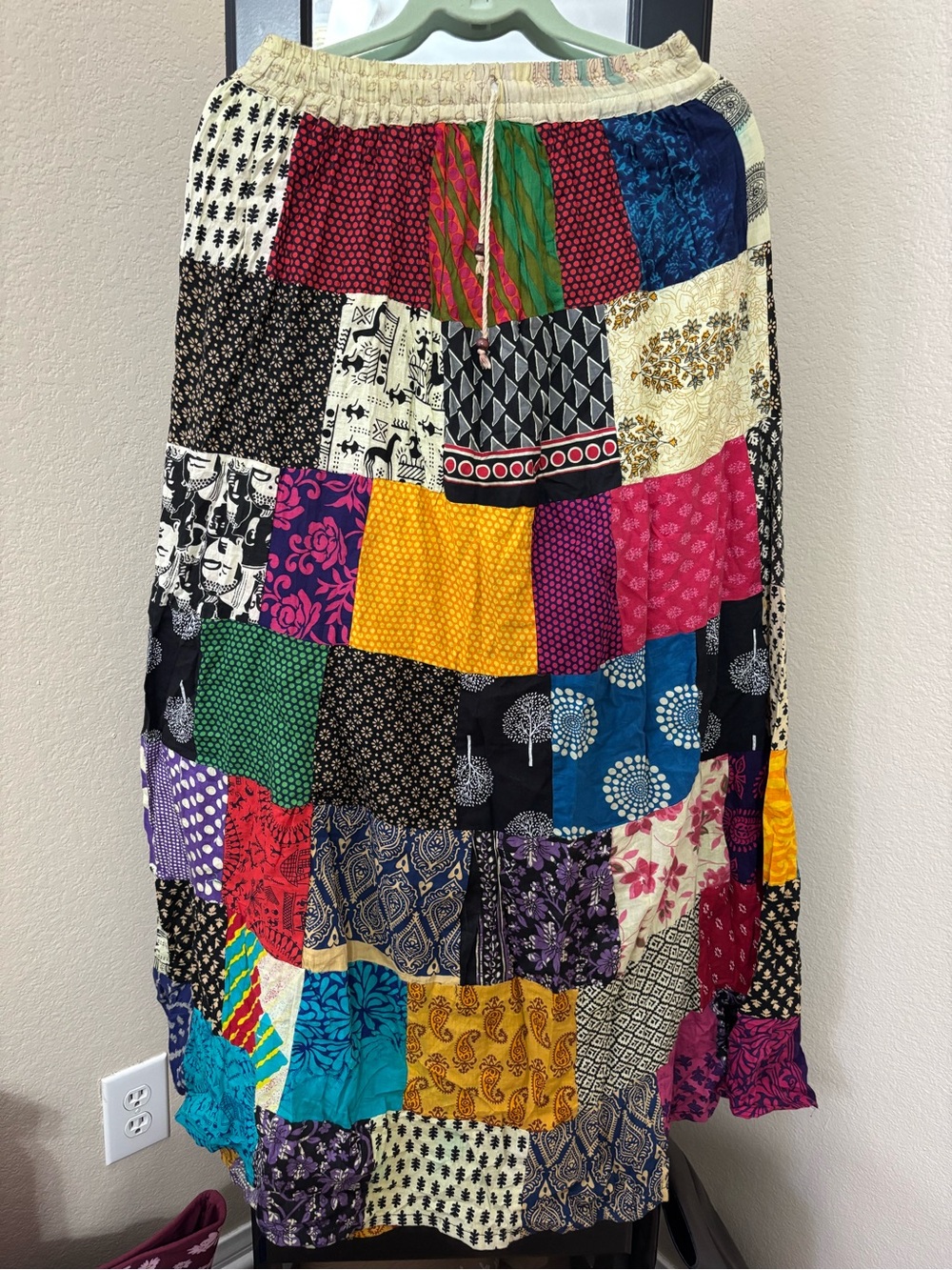 Bohemian Multicolor Patchwork Maxi Skirt with Elastic Waist
